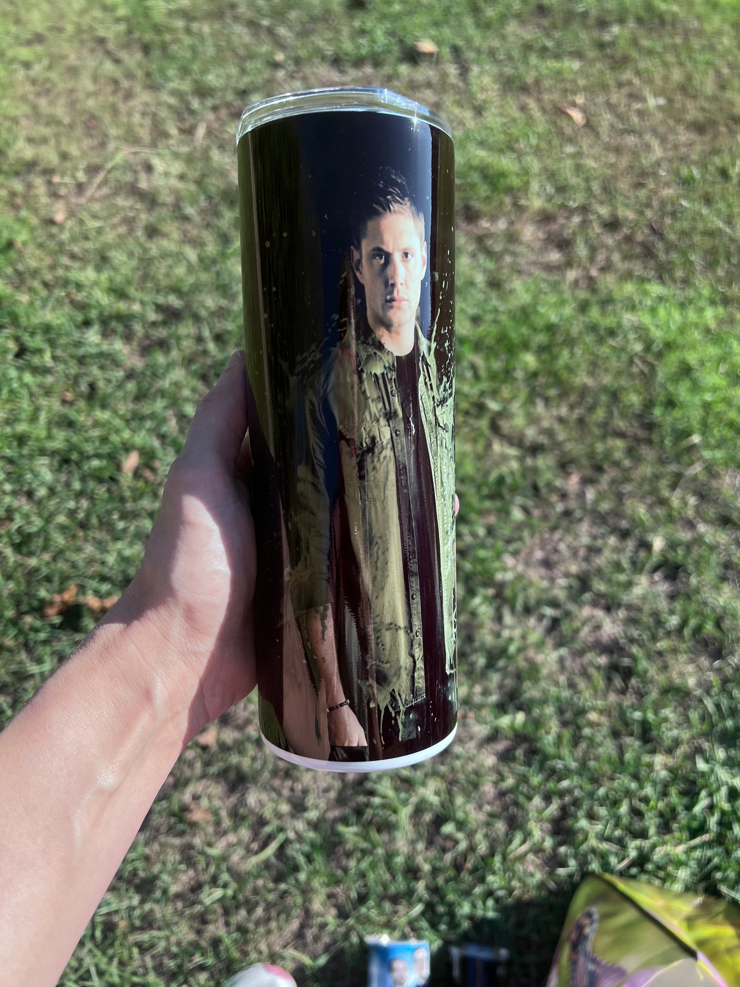 Dean Winchester Supernatural 20oz Skinny Tumbler | Dark Hunter Aesthetic Cup | TV Show Fan Drinkware featuring the design artwork