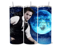 Edward Cullen 20oz blue tumbler featuring a full moon, water reflection, and the quote "Look after my heart—I’ve left it with you."