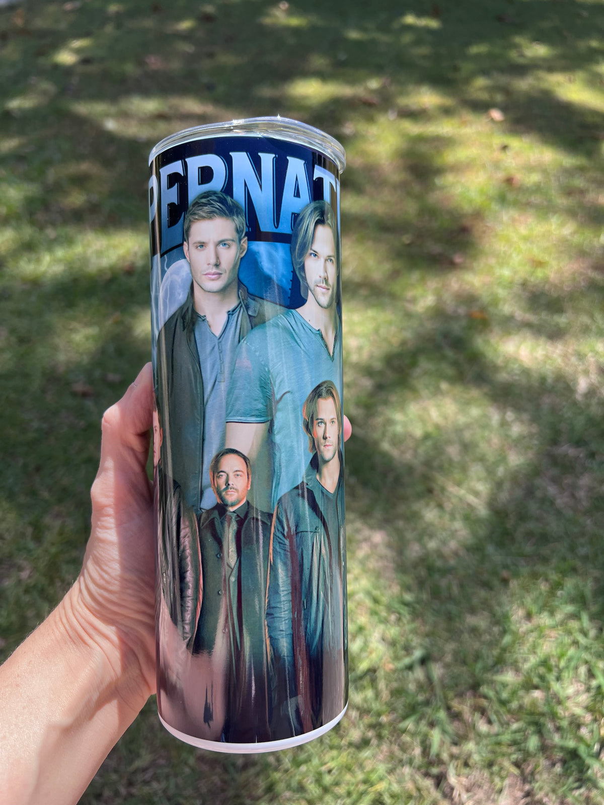 KimTheGrimm Supernatural SPN Sam Dean and Castiel 20oz stainless steel tumbler cup.⁠