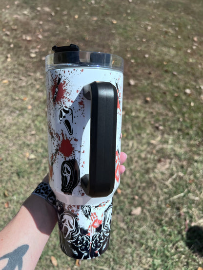 Ghostface Horror 40oz Handled Tumbler featuring the fandom-inspired design