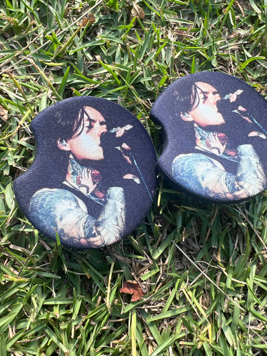 KimTheGrimm Noah Sebastian Bad Omens sublimated neoprene car coaster set of 2 in grass background.⁠