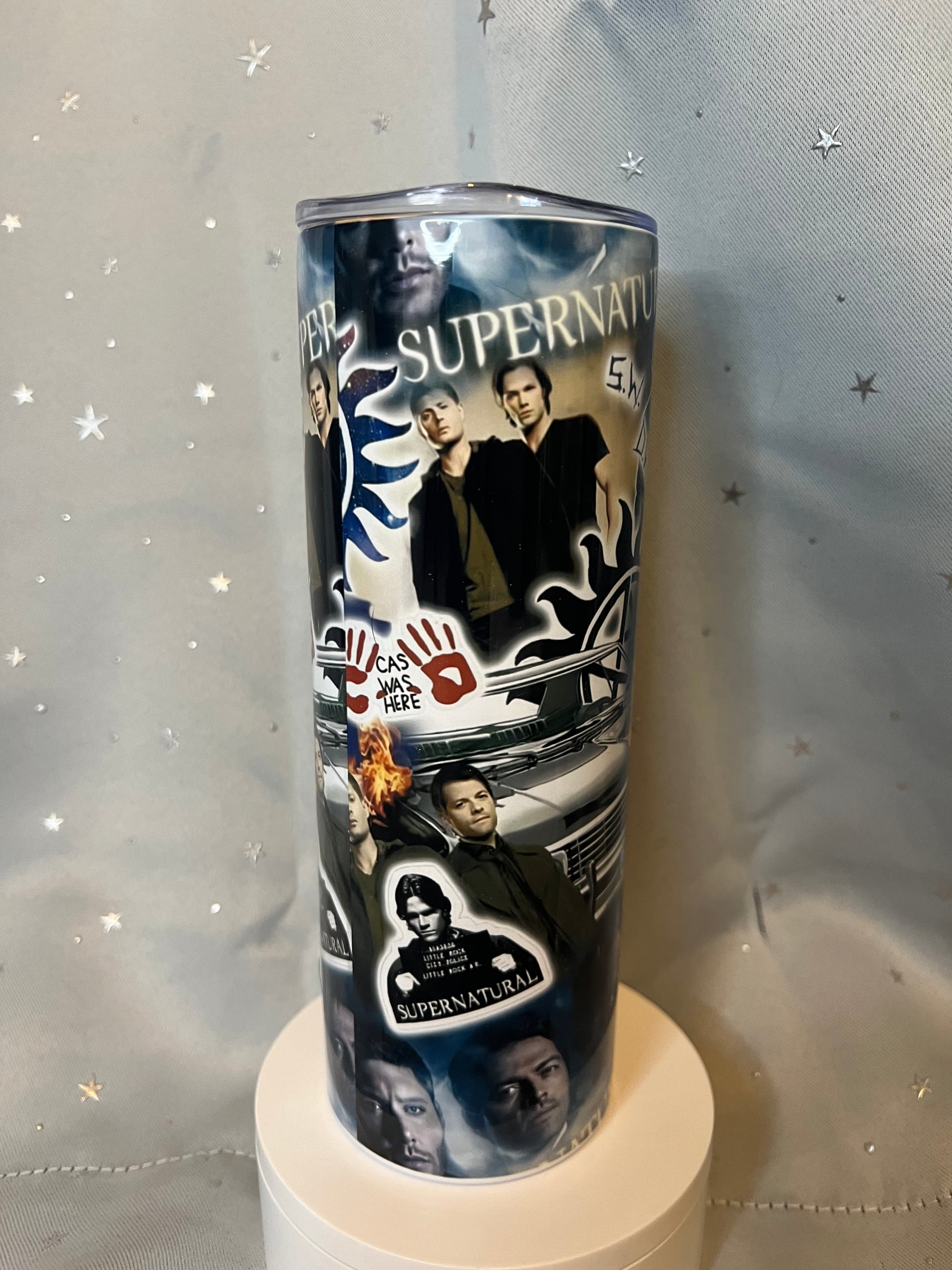 20oz Supernatural Sticker Collage Tumbler featuring supernatural fandom inspired artwork