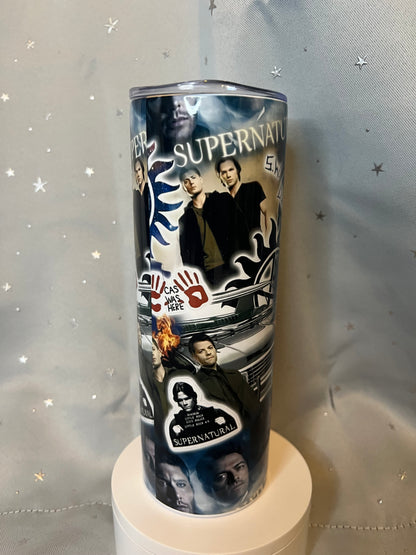 20oz Supernatural Sticker Collage Tumbler featuring supernatural fandom inspired artwork