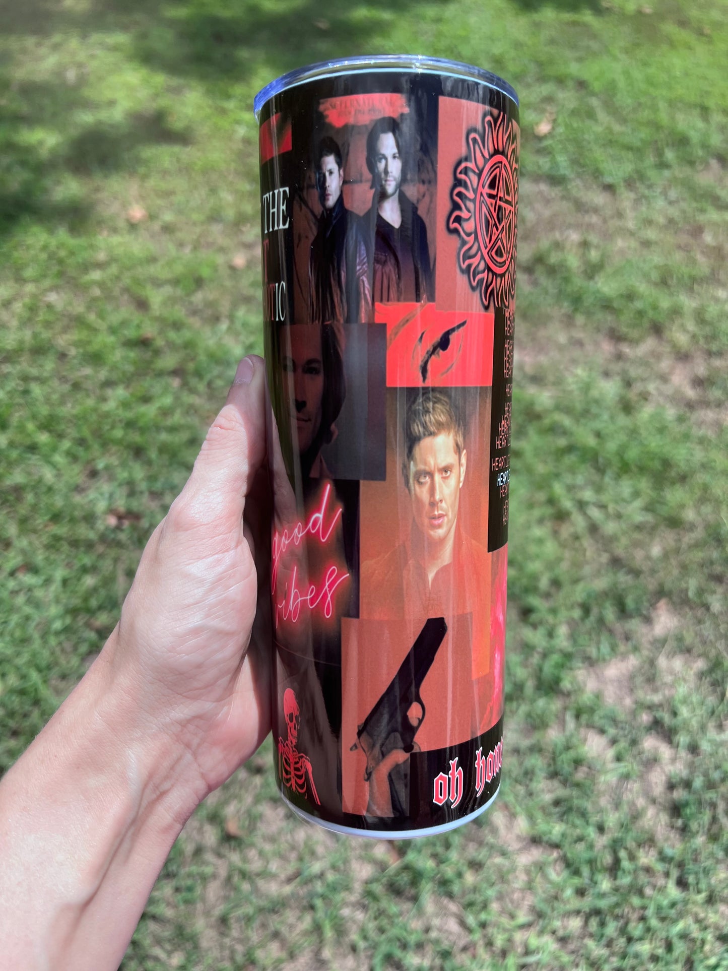 20oz Supernatural Red themed Sam and Dean Winchester portable tumbler cup