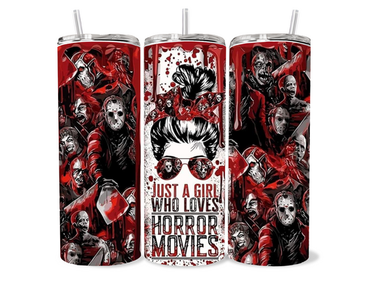 20oz Girl who Loves Horror Movies themed tumbler cup
