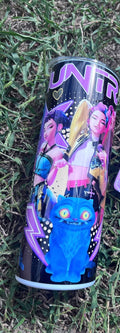 20oz stainless steel slim tumbler with purple and black HUNTRIX anime-style graphics and splash-proof lid.