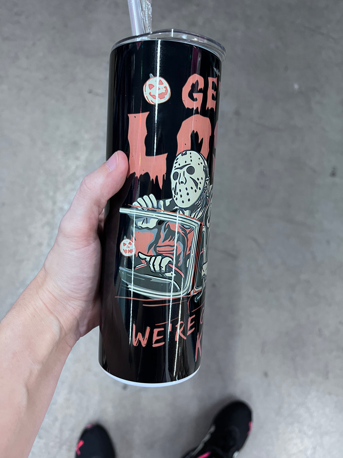 Horror icon carpool tumbler featuring Michael Myers, Jason, and Ghostface