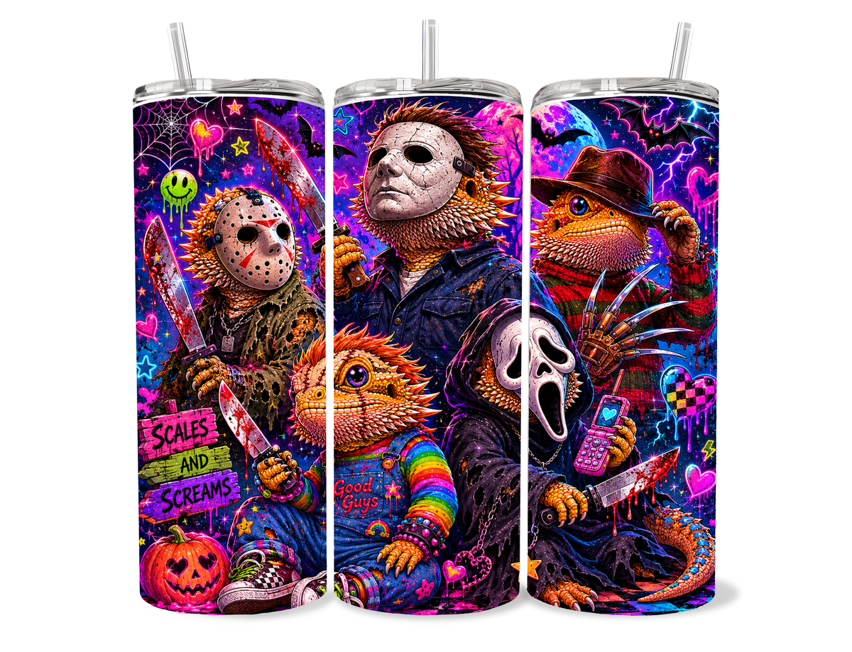 Beardies of Culture Scales and Screams tumbler with colorful horror icons and bearded dragon artwork