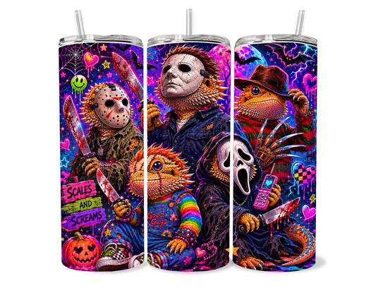 Beardies of Culture Scales and Screams tumbler with colorful horror icons and bearded dragon artwork