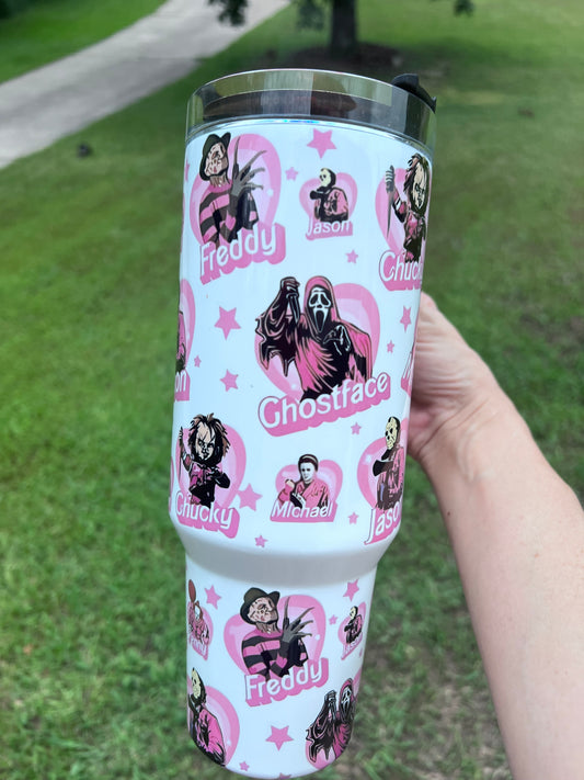40oz Pink Horror Hearts tumbler with matching lid topper