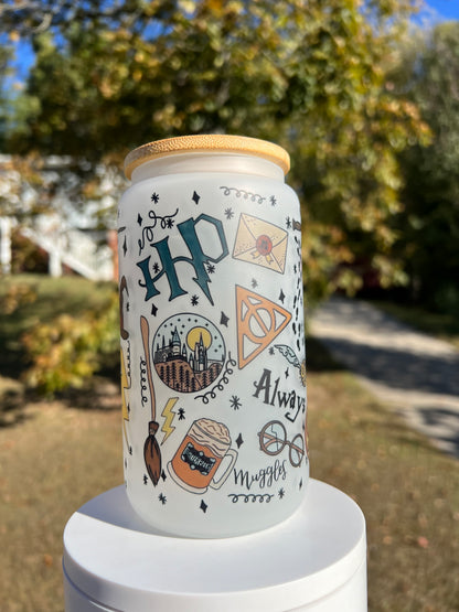 16oz Harry Potter Frosted Glass Tumbler featuring harry potter wizarding world inspired artwork
