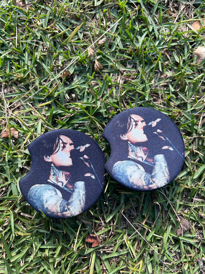Noah Sebastian Bad Omens absorbent cup holder coasters with non-slip rubber edge and finger notch.⁠