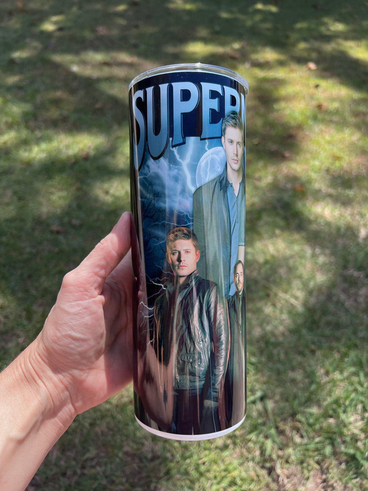KimTheGrimm Supernatural SPN Sam Dean and Castiel 20oz stainless steel tumbler cup.⁠