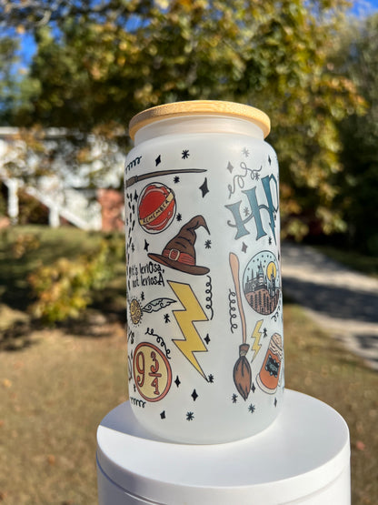 16oz Harry Potter Frosted Glass Tumbler featuring harry potter wizarding world inspired artwork