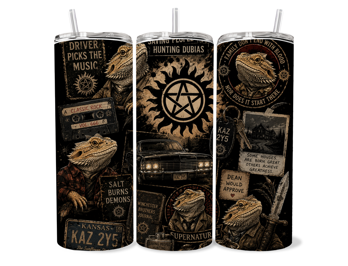 Beardies of Culture Saving People Hunting Dubias tumbler with hunter inspired bearded dragon artwork