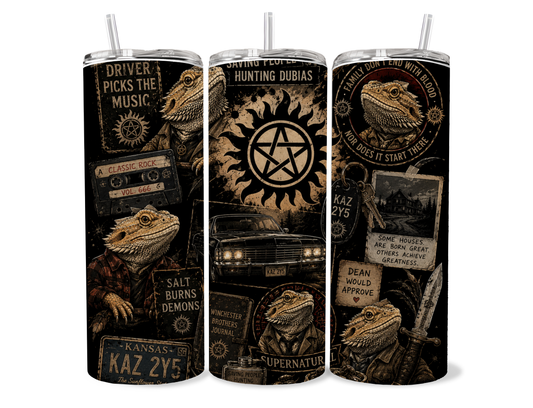 Beardies of Culture Saving People Hunting Dubias tumbler with hunter inspired bearded dragon artwork