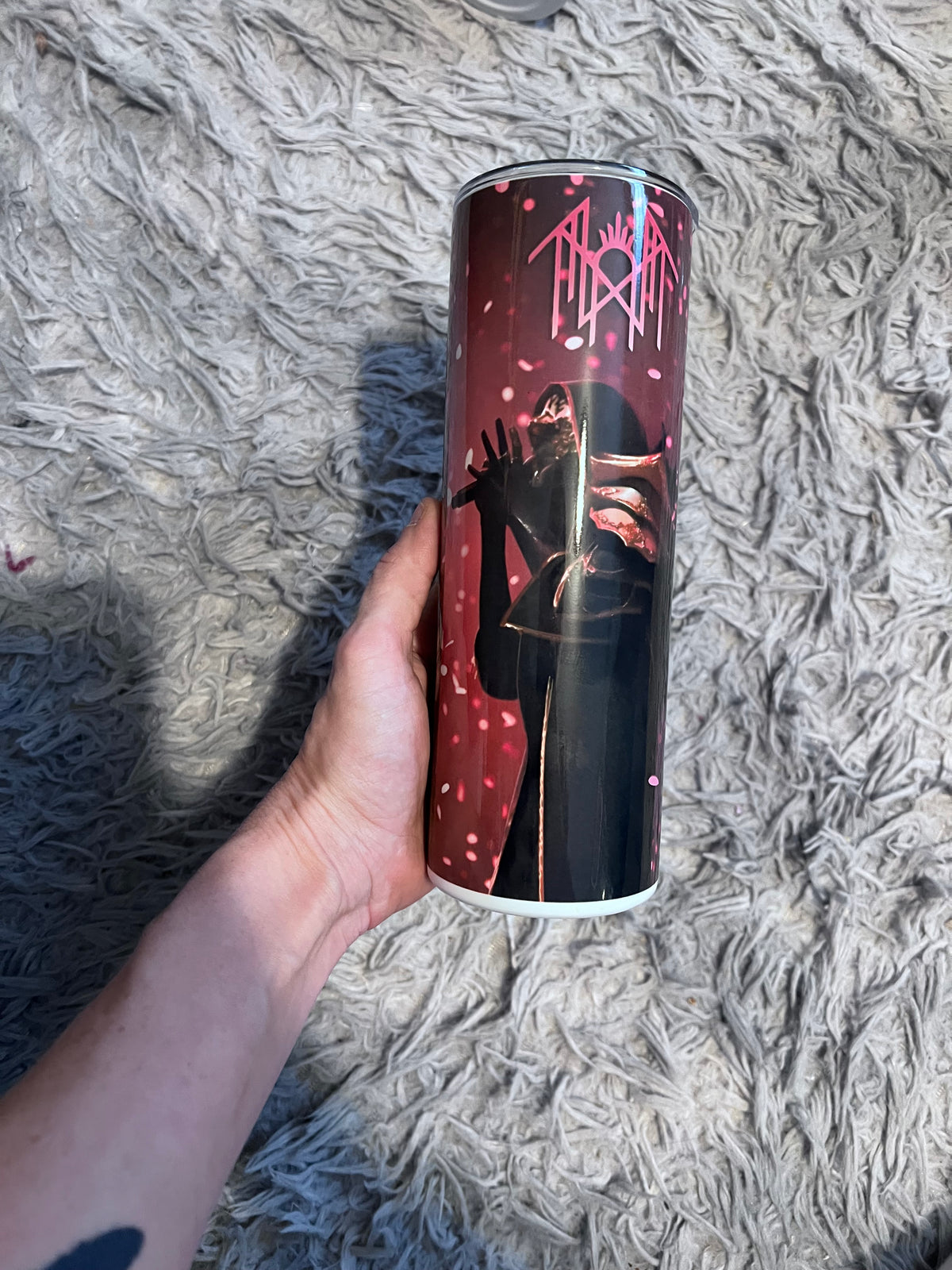 Pink Token themed / Arcadia themed tumbler cup featuring the design artwork