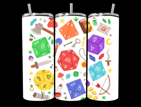 D&D Dice Tumbler - Colorful Die Designs with Icons - Fun and Functional Drinkware for D&D Enthusiasts