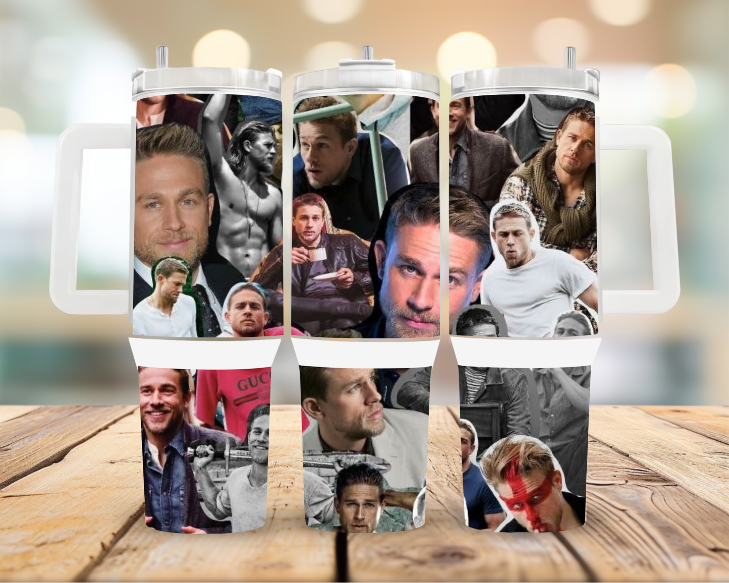 40oz Stainless steel “Charlie’s Hunnam” themed collage tumbler cup featuring the design artwork