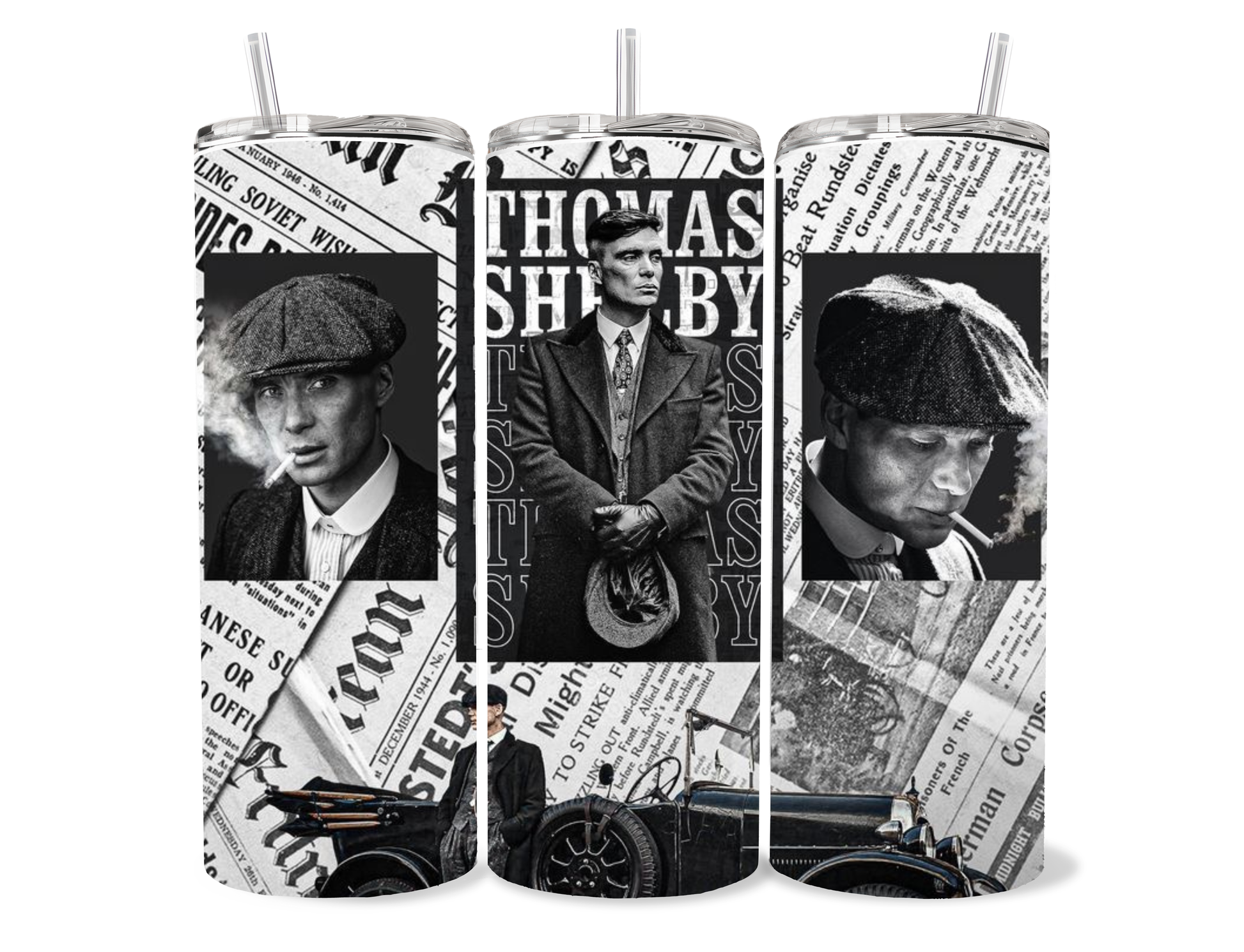 Thomas Shelby newspaper collage tumbler with black and white Peaky Blinders artwork