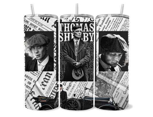 Thomas Shelby newspaper collage tumbler with black and white Peaky Blinders artwork