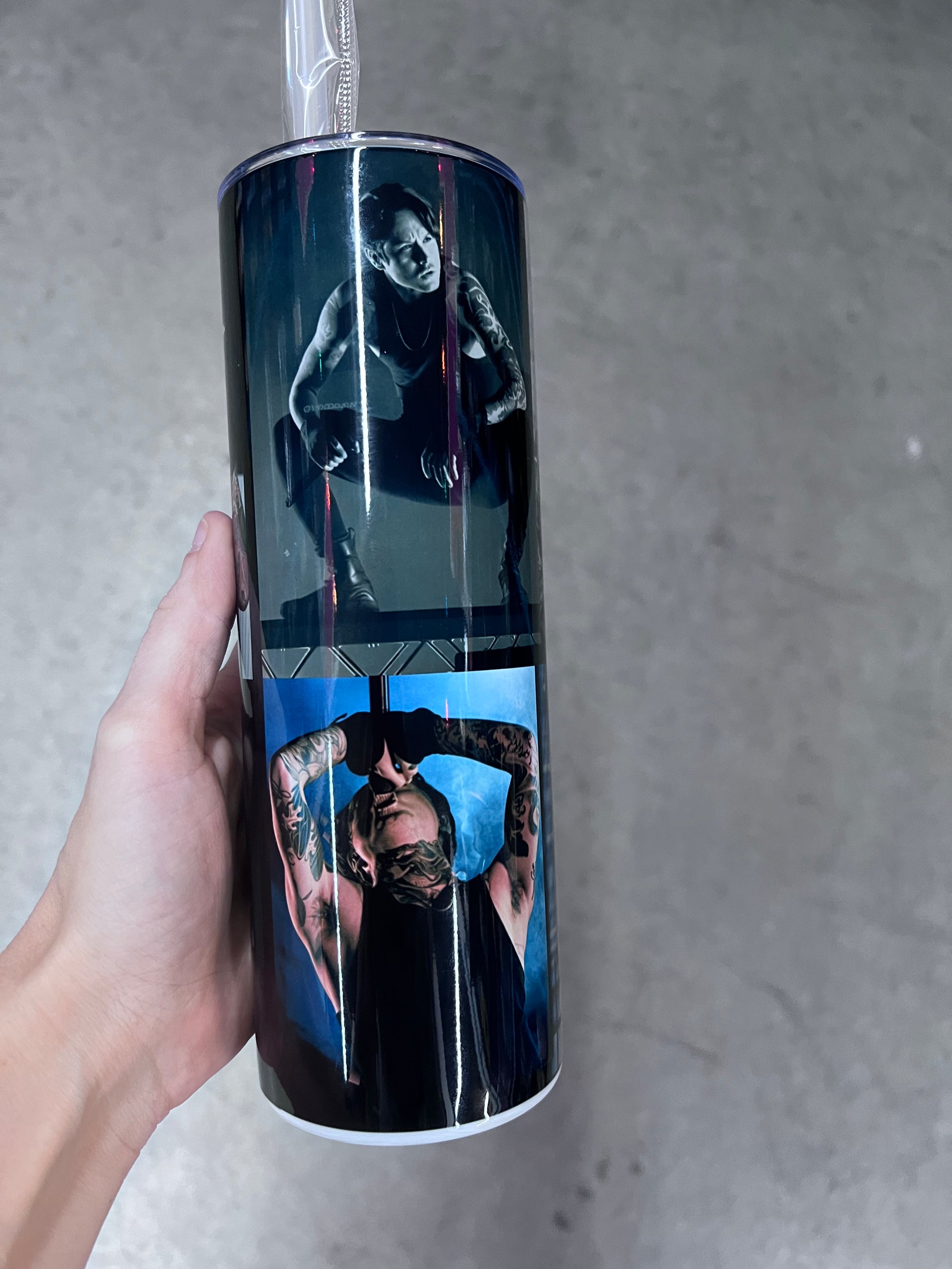 Bad Omens Noah Sebastian 20oz skinny tumbler with photo collage design