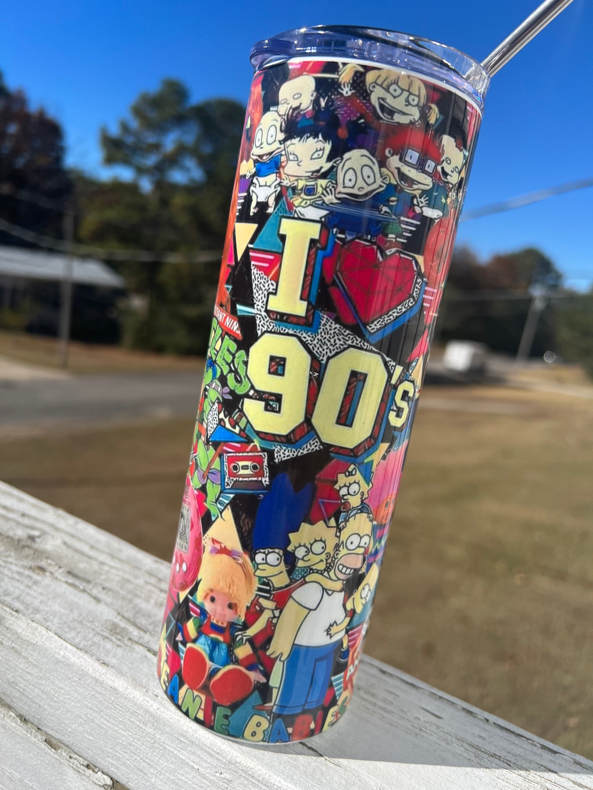90s Nostalgia Cartoon Collage 20oz Skinny Tumbler | Retro Rugrats, TMNT, Simpsons Inspired Cup | 90s Kids Gift featuring the design artwork