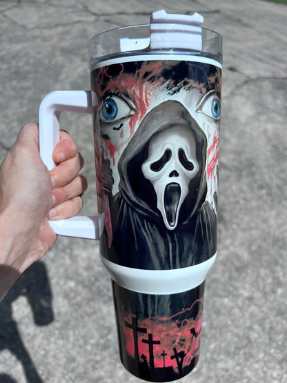 40oz Ghostface Woodsboro Weekly Tumbler featuring the themed design