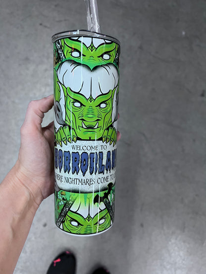 Welcome to HorrorLand Goosebumps tumbler front view showcasing classic green monster and 90s book title lettering⁠