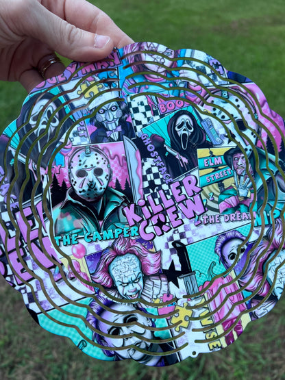 Horror movie villains wind spinner featuring colorful slasher inspired artwork