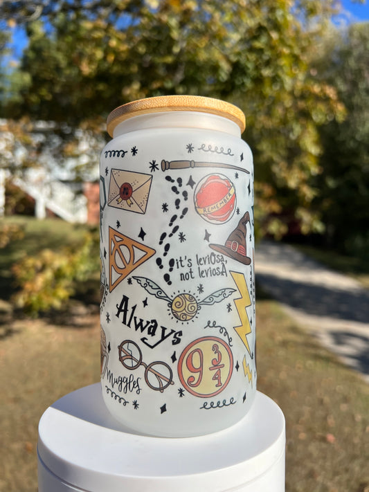 16oz Harry Potter Frosted Glass Tumbler featuring harry potter wizarding world inspired artwork