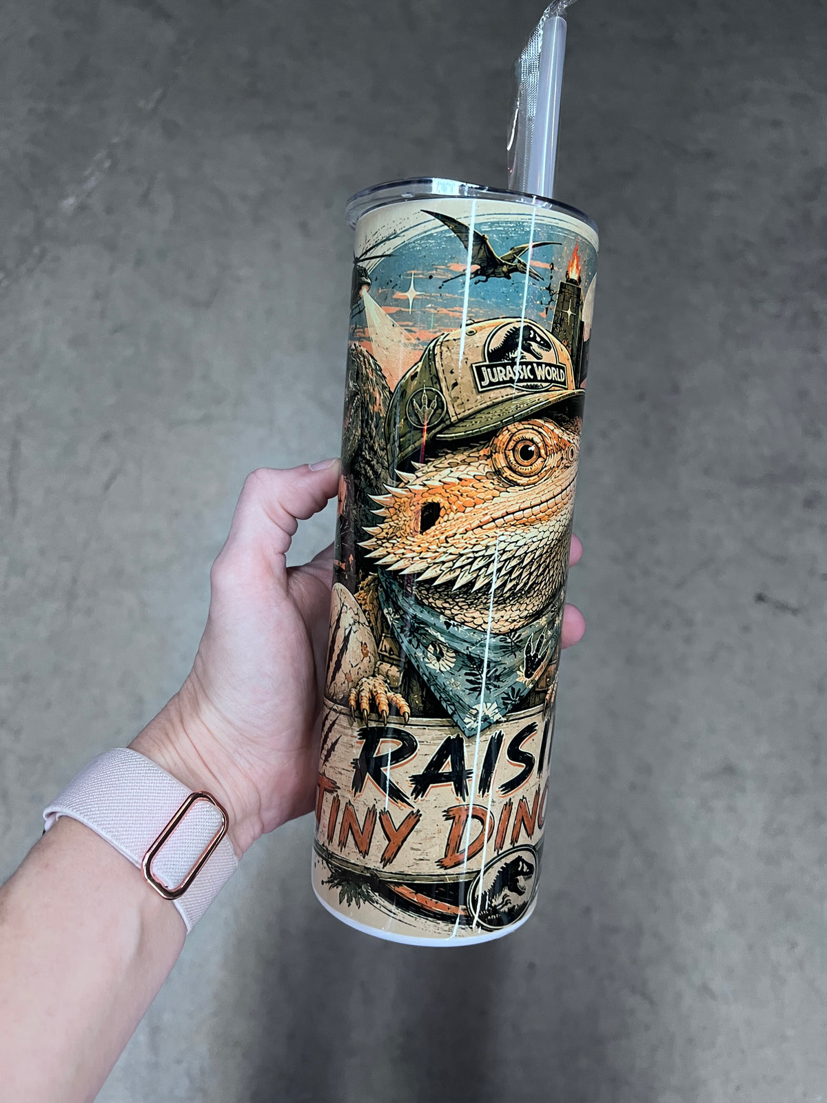 Bearded dragon Jurassic inspired Raising Tiny Dinosaurs tumbler with prehistoric adventure artwork