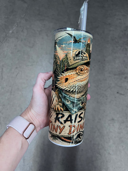 Bearded dragon Jurassic inspired Raising Tiny Dinosaurs tumbler with prehistoric adventure artwork
