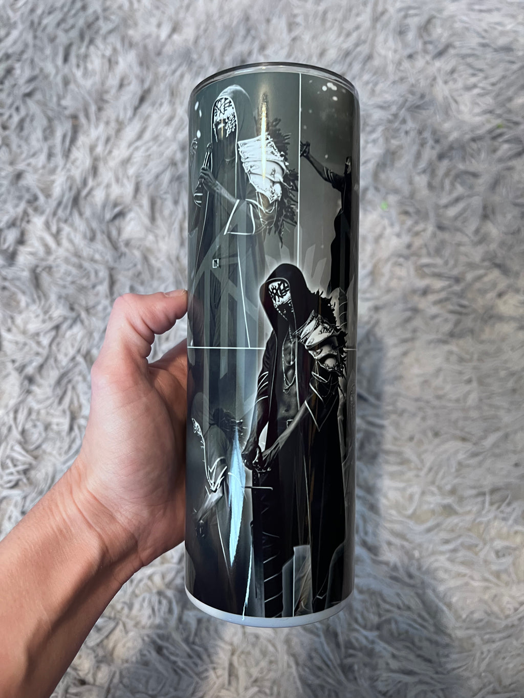 Sleep Token Vessel inspired 20oz skinny tumbler featuring dark monochromatic atmospheric artwork and gothic alternative aesthetic.
