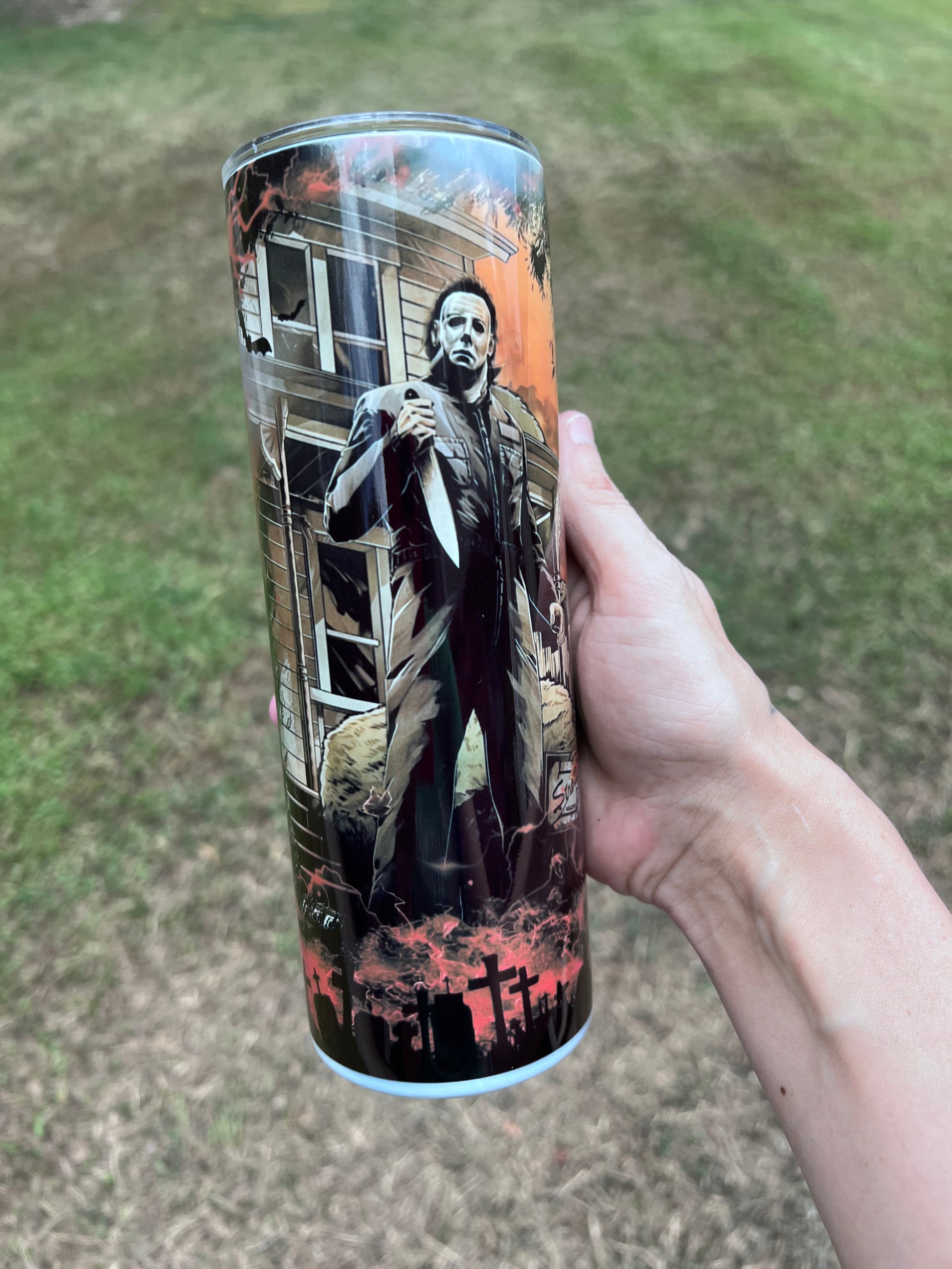 20oz Michael Myers Halloween Tumbler featuring the themed design
