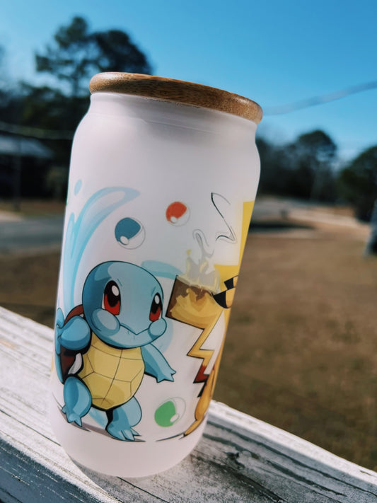 16oz Starter Pokémon Frosted Glass Tumbler featuring pokémon starters inspired artwork