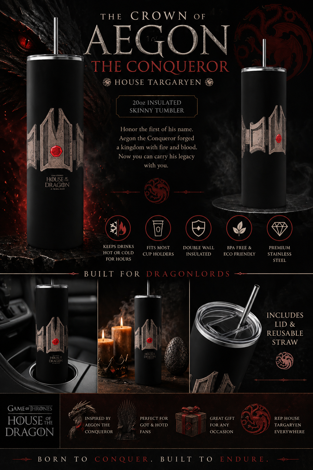 Aegon the Conqueror Crown Tumbler 20oz – House Targaryen Insulated Skinny Cup featuring the design artwork