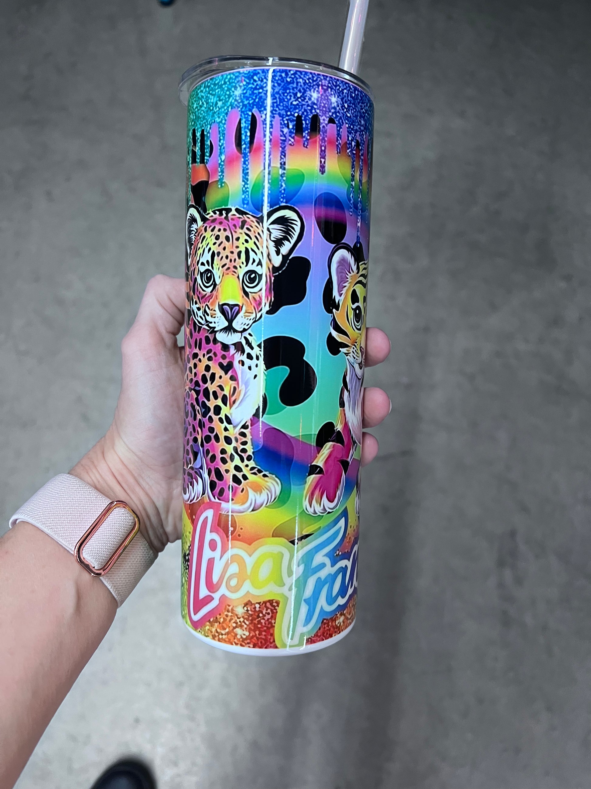 Lisa Frank inspired neon rainbow animal tumbler featuring colorful leopard and tiger artwork