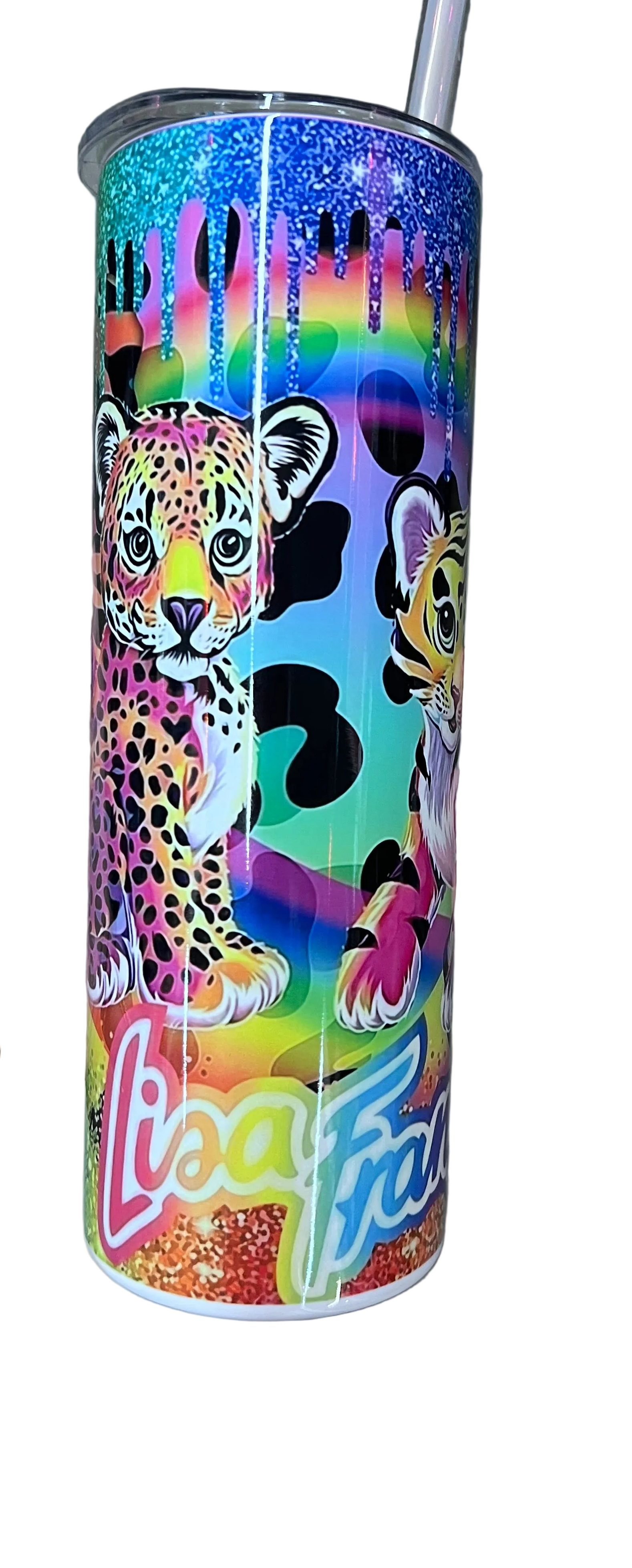 Lisa Frank inspired neon rainbow animal tumbler featuring colorful leopard and tiger artwork