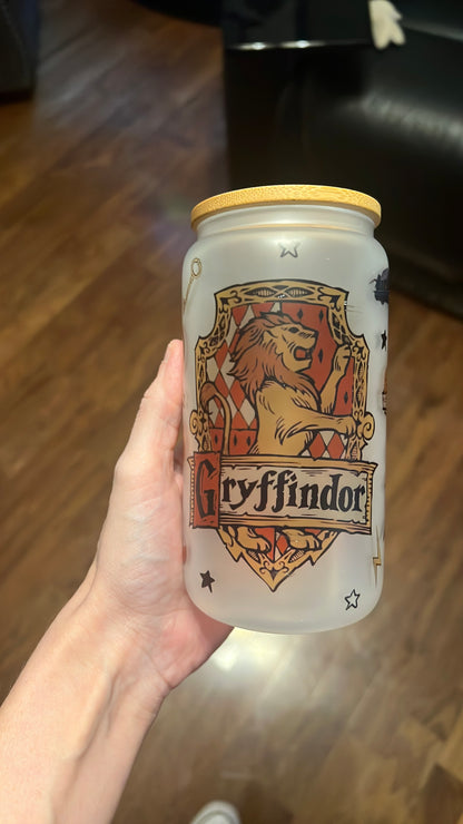 16oz Gryffindor Frosted Glass Tumbler featuring gryffindor harry potter inspired artwork
