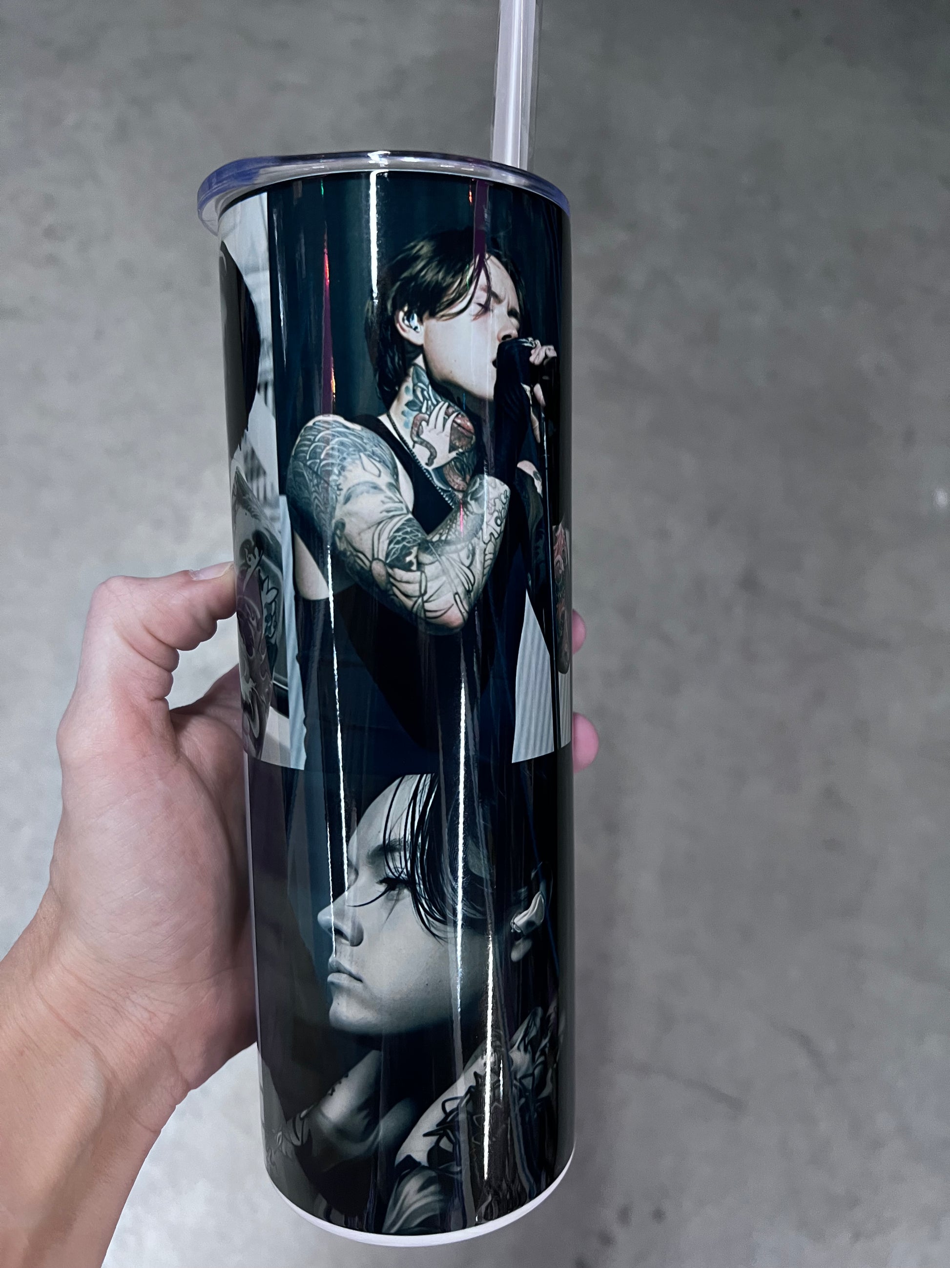⁠Close-up of alternative rock band Bad Omens custom tumbler wrap