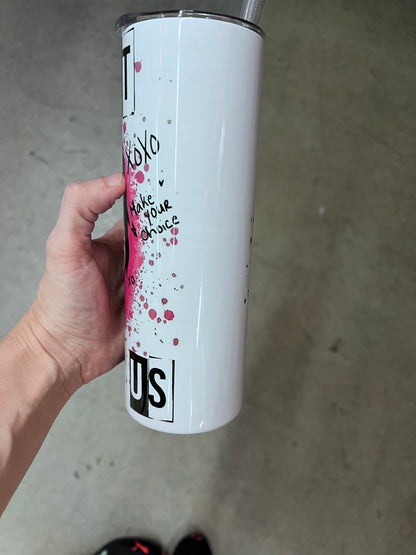 Custom Saw horror tumbler side profile displaying 'Live or Die' quote and pink paint splatters⁠