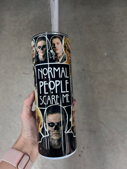 KimTheGrimm Evan Peters Normal People Scare Me sublimated 20oz stainless steel tumbler cup.⁠