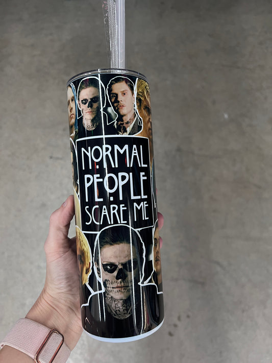 KimTheGrimm Evan Peters Normal People Scare Me sublimated 20oz stainless steel tumbler cup.⁠