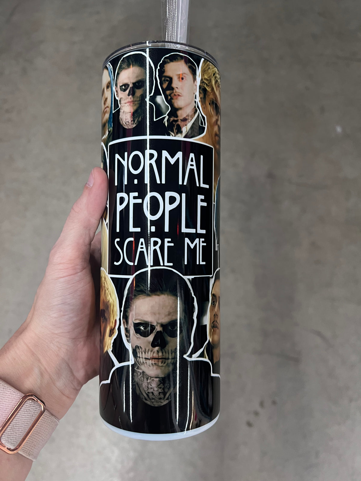 KimTheGrimm Evan Peters Normal People Scare Me sublimated 20oz stainless steel tumbler cup.⁠