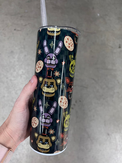 ⁠FNAF Animatronics Pattern Tumbler 20oz | Freddy Fazbear Bonnie Foxy Stainless Steel Cup⁠