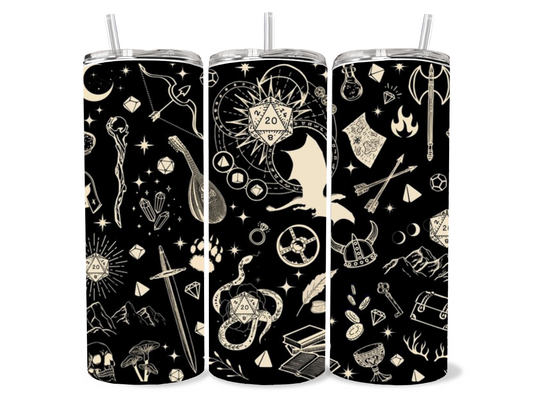 D&D Tumbler - Black Design with Magic Symbols and Icons - Drinking Container Featuring Unique Patterns