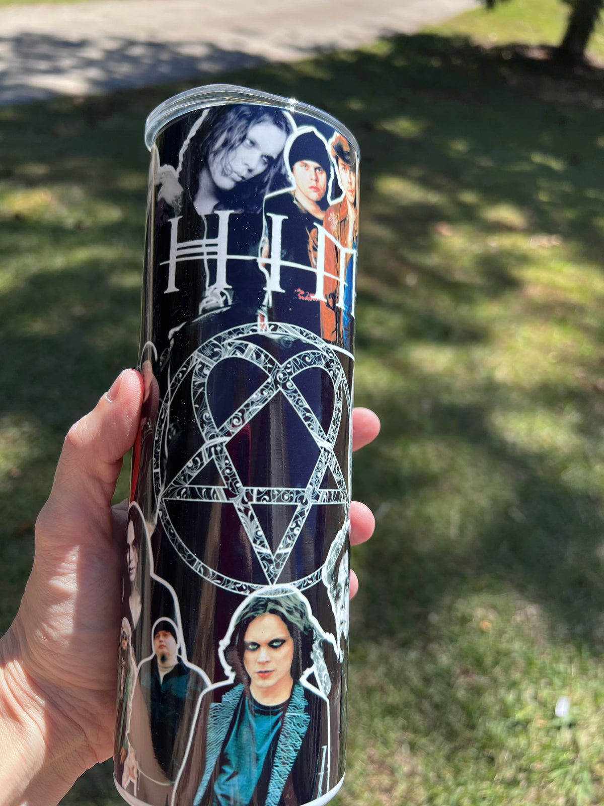 KimTheGrimm HIM band Ville Valo and Heartagram logo 20oz stainless steel tumbler cup.⁠