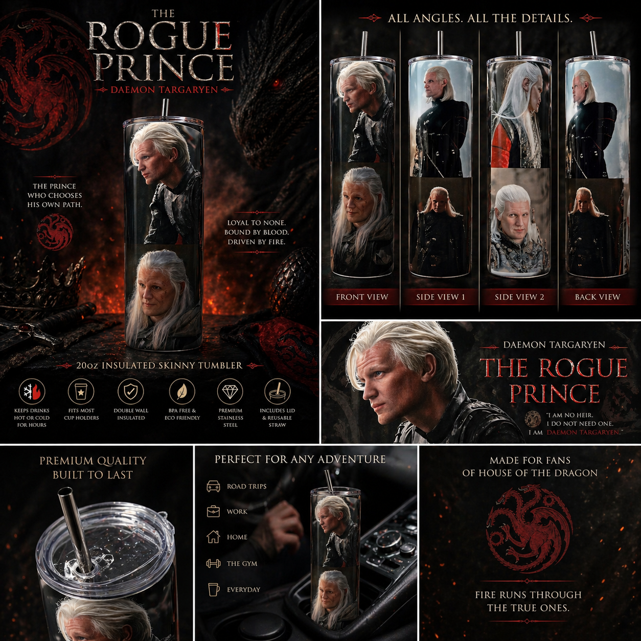 Daemon Targaryen Tumbler 20oz – The Rogue Prince House of the Dragon Cup | Dark Fantasy Dragon Drinkware featuring the design artwork