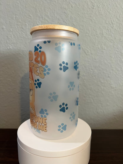 16oz Bluey Frosted Glass Tumbler featuring bluey cartoon dog inspired artwork